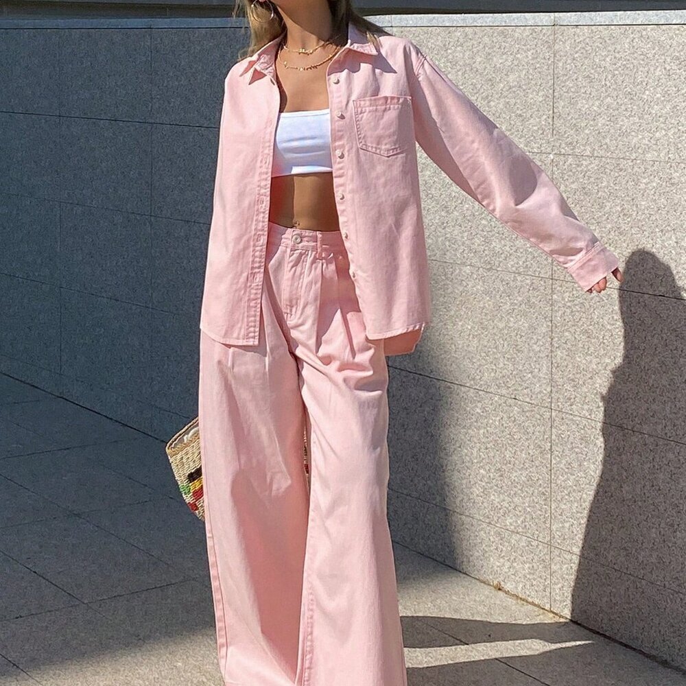 Pink Casual Women's Collared Loose Shirt & Straight-Leg Denim Pants Set - Picture 4 of 7
